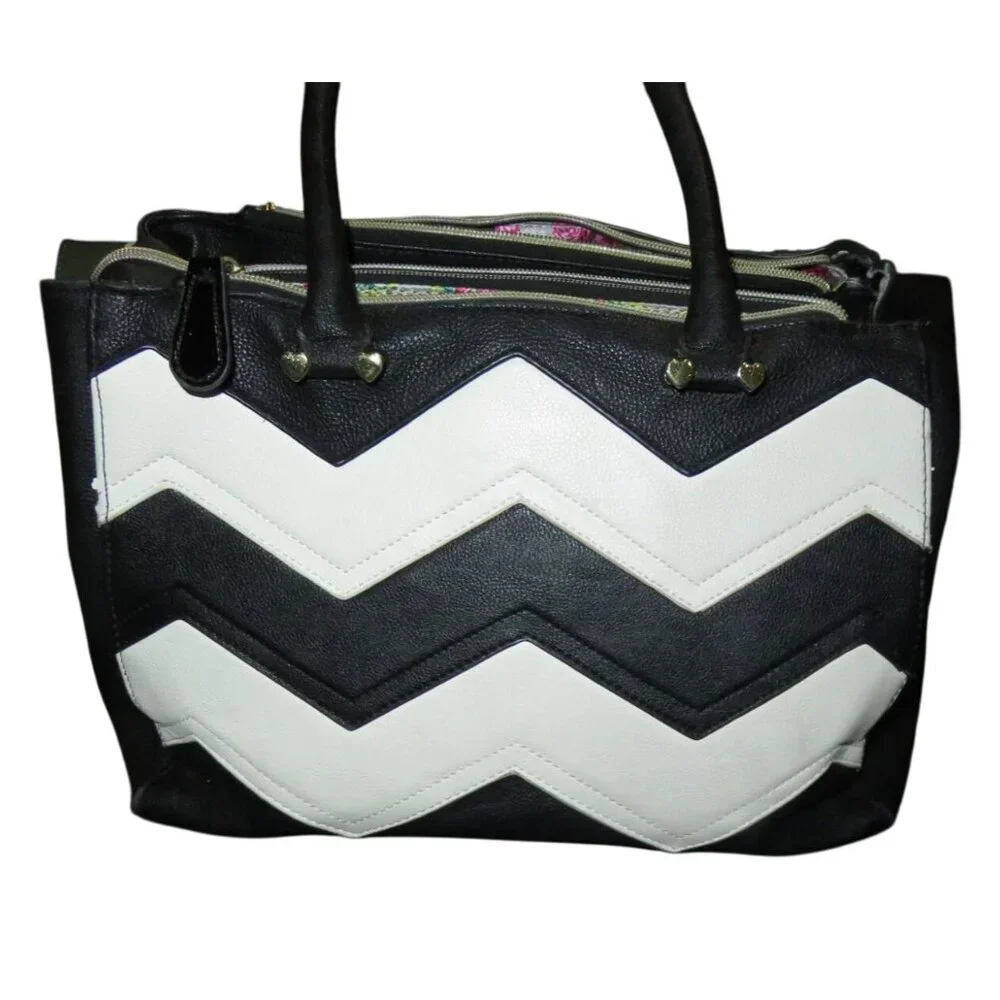 Betsey Johnson Black & White Chevron Accented Tote Large Crossbody Boho Handbag